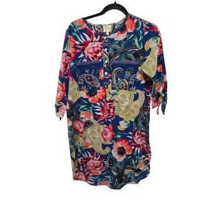 Fig & Flower Women's Tunic Top S Blue/Multicolor Paisley & Floral Print Button F